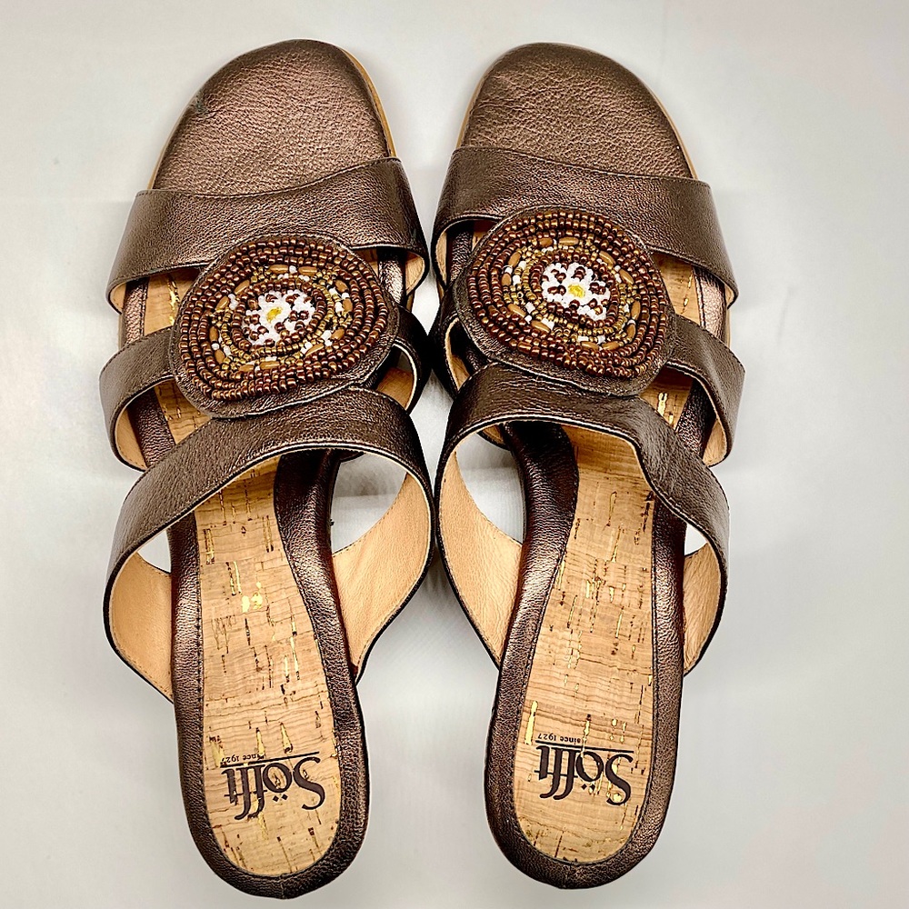 SOFFT-Size 10-Brown and Golden Beaded Embellishments on Low Wedge Slip On Heels